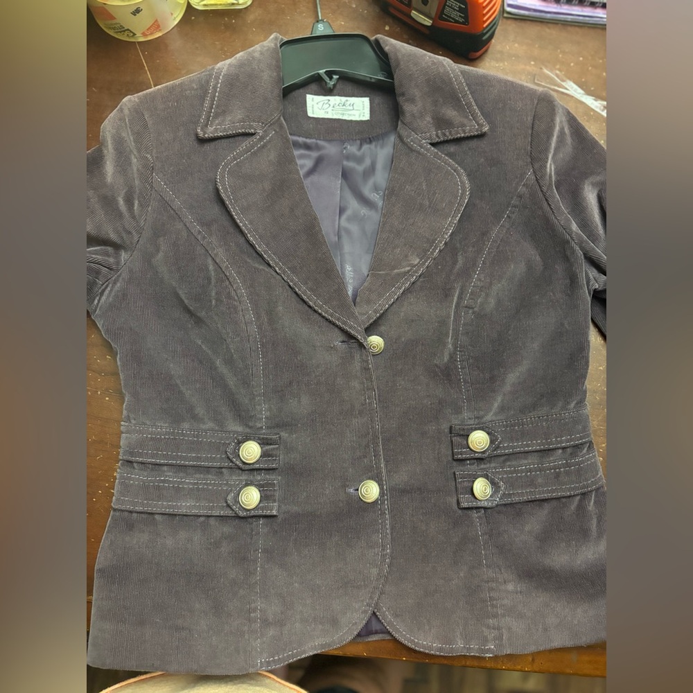 P coat blazer small womans Becky collection corduroy brass hardware plum office